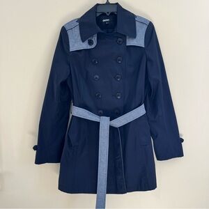 DKNY Navy Trench Coat with Light Denim Trim